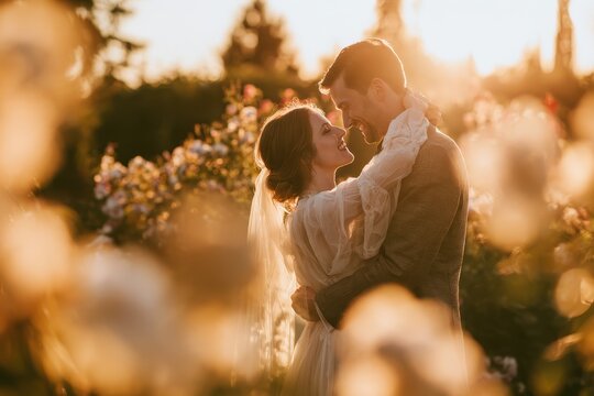 Tender garden wedding moment: bride and groom sharing an intimate embrace in warm light