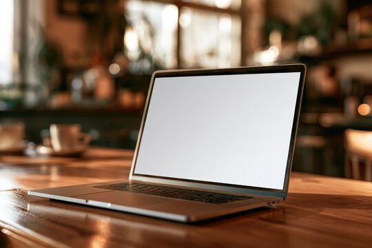 Text-ready laptop mockup on a cozy cafe setting with clipping paths for background and screen