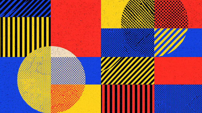 Abstract Bauhaus Geometric Pattern Background with Halftone Textures