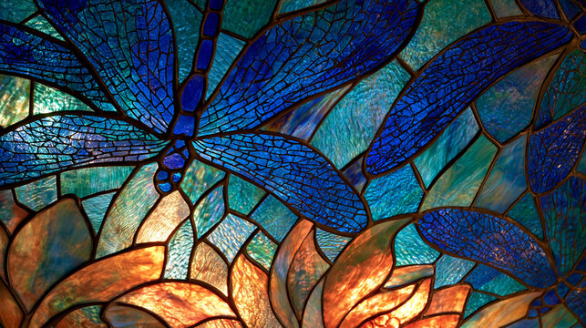 Colorful Dragonfly and Lotus Pattern in Stained Glass