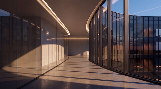 Modern Curved Glass Corridor in Contemporary Corporate Building