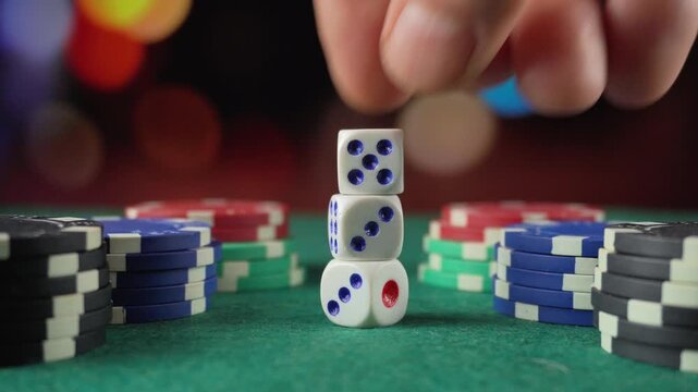 Hand stacks white dice into a tower between colorful poker chip piles on green felt, with blurred lights in the background, showing a tabletop casino game scene