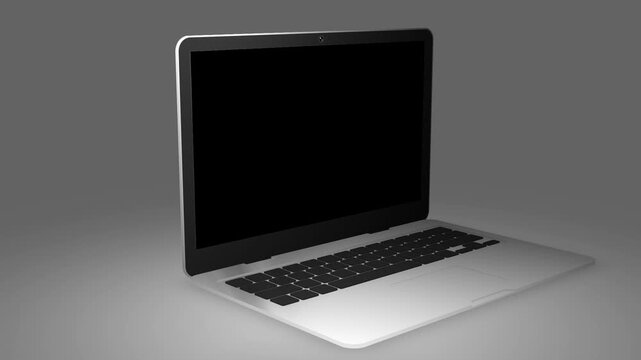 Modern silver laptop mockup with blank screen, sleek computer display template on gray background, digital device render for UI website showcase