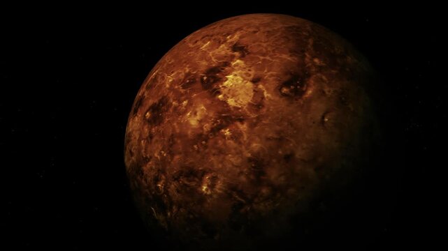 Reddish brown planet floating in dark space with a rough rocky surface and faint stars in the background