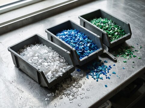 Plastic flakes sorted in bins on an industrial worktable. Recycled plastic raw material in clear, blue and green. Material recovery and circular economy. Waste processing for reuse.