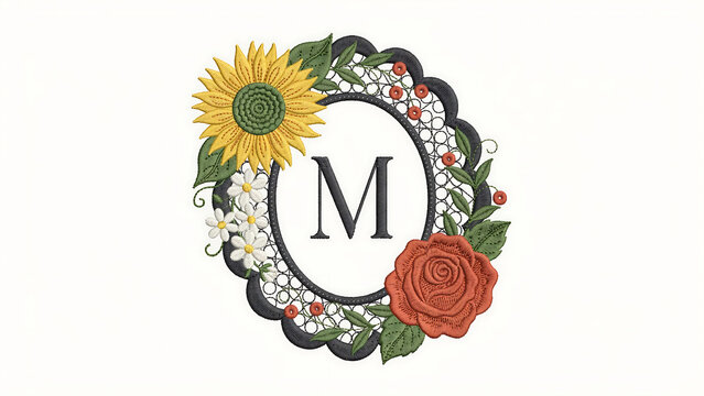 Letter m monogram framed by a sunflower, rose, and lace border isolated on a transparent background