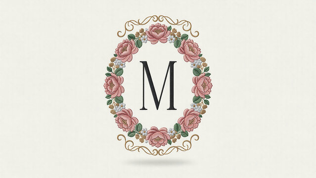 Letter m monogram framed by a vintage floral wreath isolated on a transparent background