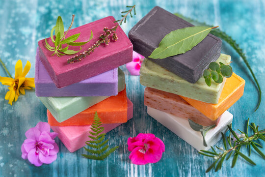 Herbal Soap Bars on a Blue Table