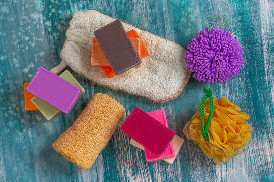 Bath Accessories on a Wooden Surface
