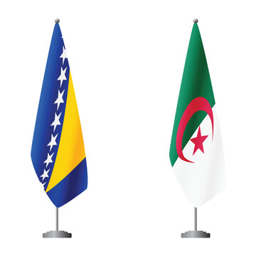 Bosnia and Herzegovina and Algeria flags on flagpoles for official ceremonies and meetings, transparent background vector