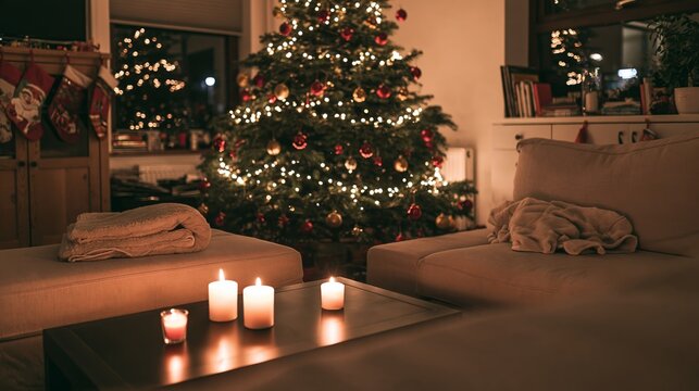 Decorated Christmas tree with glowing lights and burning candles on coffee table in cozy living room at night