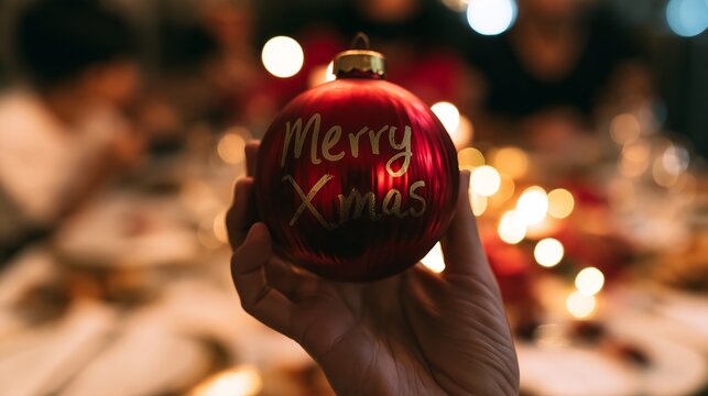 Hand holding red Merry Xmas ornament with gold text during Christmas holiday dinner in blurred festive dining room