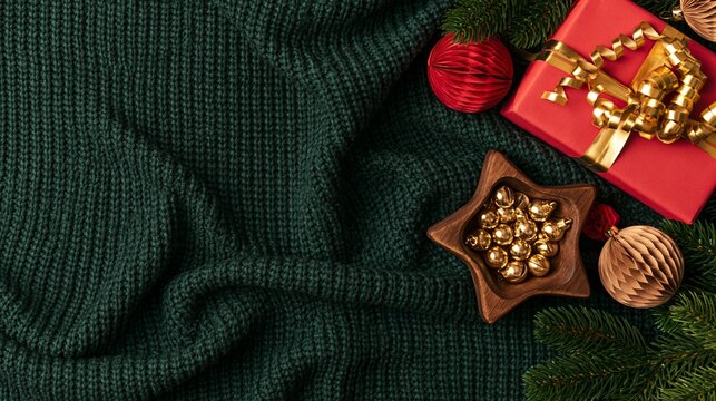Christmas decorations with red gift box gold ornaments and pine branches on dark green knit blanket background