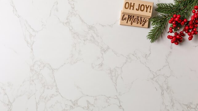 Christmas holiday decor with Oh Joy and Be Merry wooden stamps red berries and pine on white marble