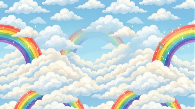 Colorful rainbows arching among fluffy clouds in sky pattern