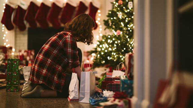 Woman kneeling by Christmas tree arranging gifts and presents during winter holiday season in cozy home interior