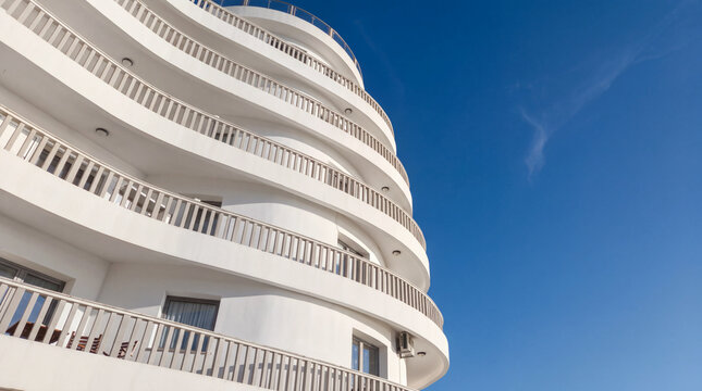 Modern white residential building with curved balconies against blue sky