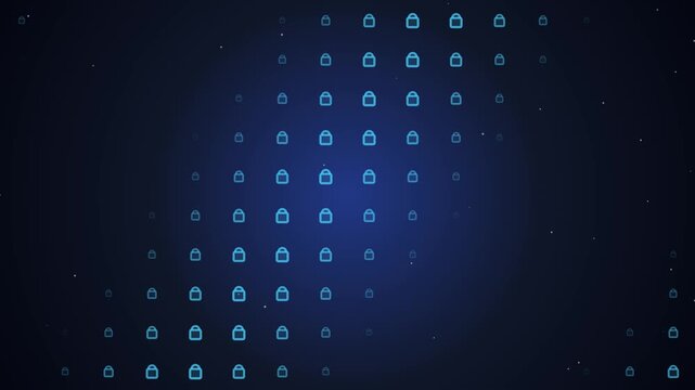 Glowing blue padlock icons animate on a dark digital background symbolizing cyber security data protection network integrity and internet priva