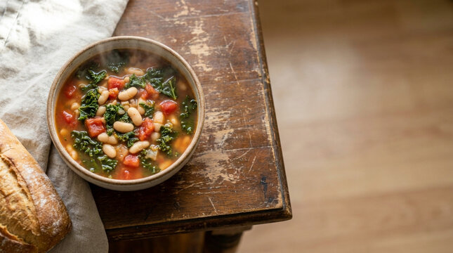 Traditional Tuscan Minestrone Soup Bowl On Rustic Wooden Table