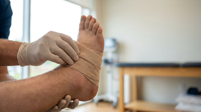 Physical Therapist Applying Compression Bandage To Patient Ankle Injury
