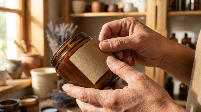 Artisan Applying Custom Product Label On Amber Candle Jar Mockup