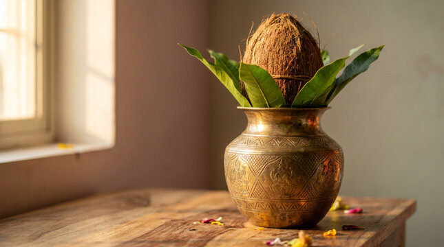 Traditional Indian Ritual Brass Pot With Coconut And Mango Leaves
