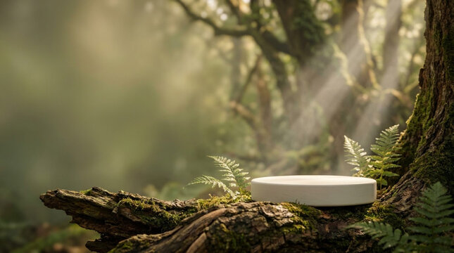Natural Wood Podium Product Display In Enchanted Forest Sunlight
