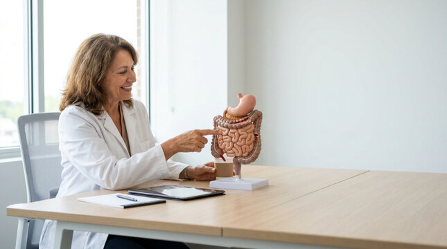 Female Gastroenterologist Explaining Digestive System Model In Clinic