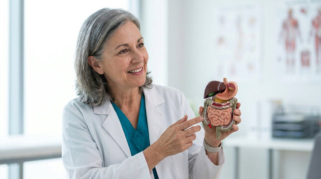 Female Gastroenterologist Explaining Digestive System Model In Clinic