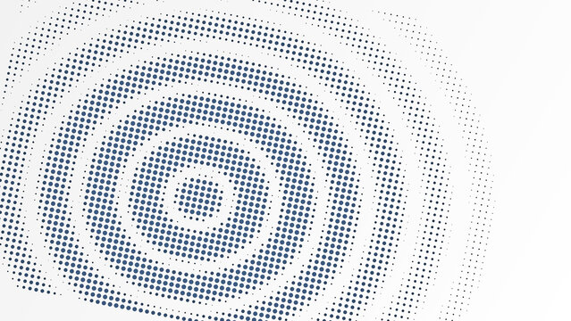 Concentric circles pattern made of blue halftone dots on a white background, radial ripple effect, geometric for web