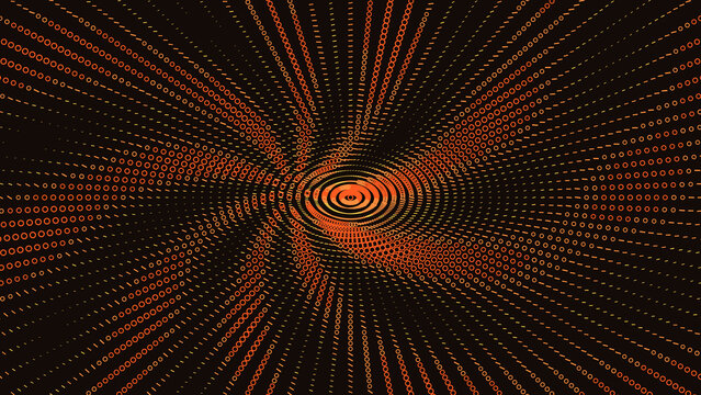 Orange binary code swirl pattern on black background, abstract radial halftone vortex with glowing orange circles, digital