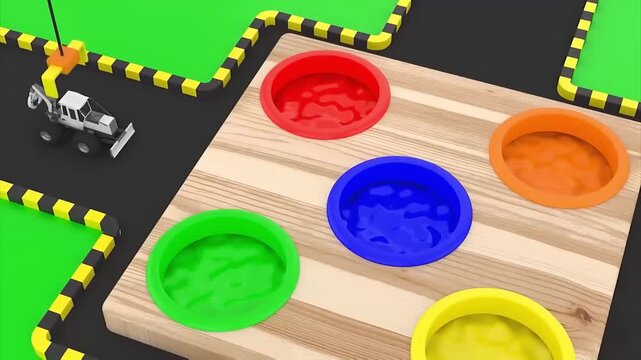 3D animation of backhoe tractor turns blue in color paint pool for kids color learning