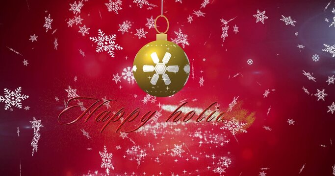 Hanging gold ornament showing white snowflake motif on red gradient, with sparkles and greeting