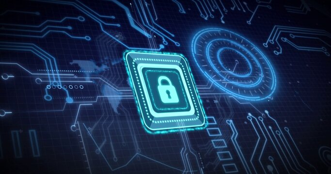 Protecting glowing microchip tile featuring padlock icon in digital network view, with radial gauge