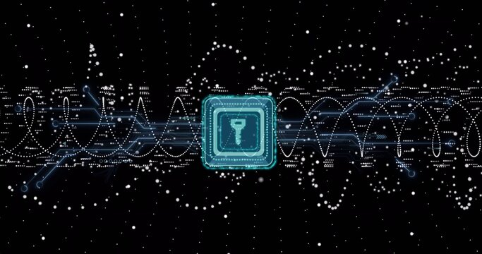 Radiating central teal chip with key icon streaming dotted waveforms in digital network, with nodes