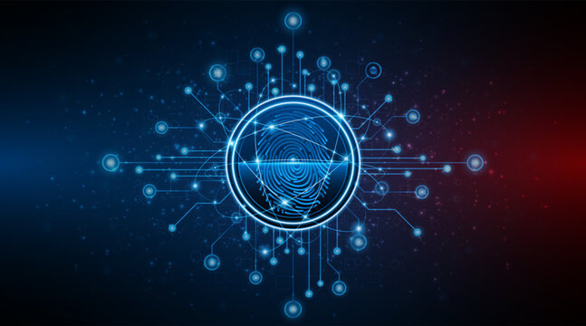 Cybersecurity concept. Futuristic biometric fingerprint scanner on blue circuit board background. Digital identity verification and data protection technology for secure network access.
