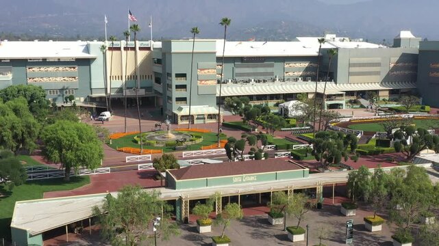 Aerial view of a race track grandstand in Arcadia California