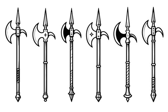 Fantasy polearms with curved axe blades and spear tips