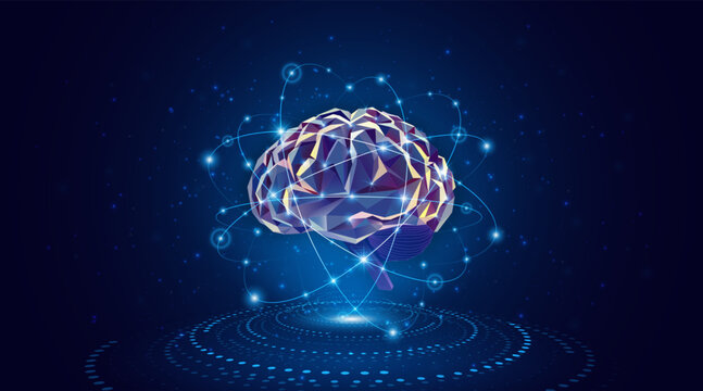 A low-poly artificial intelligence brain. Concepts of neural networks and global data connectivity