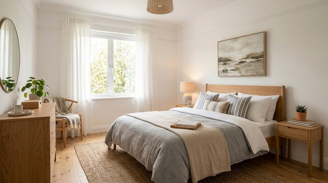 Cozy Scandinavian Bedroom Interior with Natural Light Wood Accents and Neutral Tones