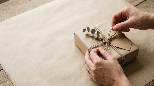 Person wrapping a gift box with craft paper and twine - sustainable packaging