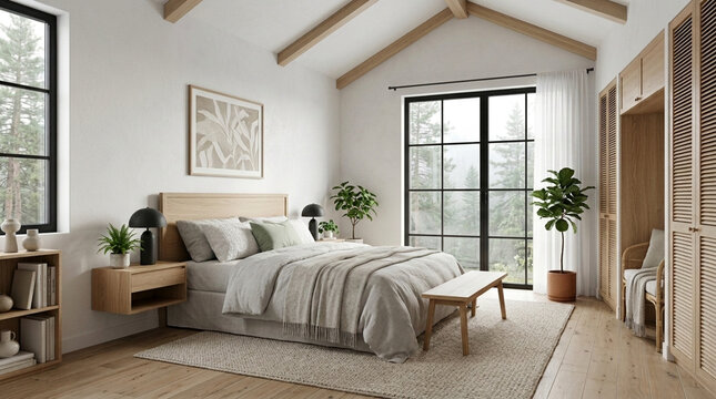 Cozy Scandinavian Bedroom with Forest View