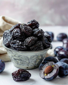 Rustic food photography of dried plums and fresh plums, prunes spilling from a glass jar