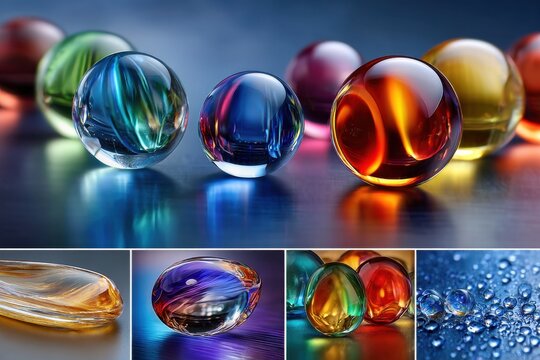 Colorful glass marbles and water drops collage