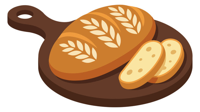 Loaf of bread decorated with wheat patterns and two slices on a round wooden board