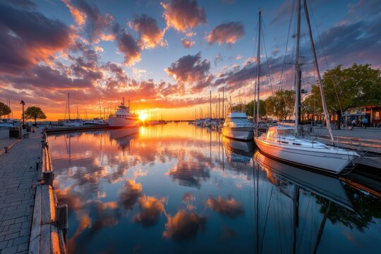 Tranquil Marina Sunset with Boats and Colorful Sky Reflections