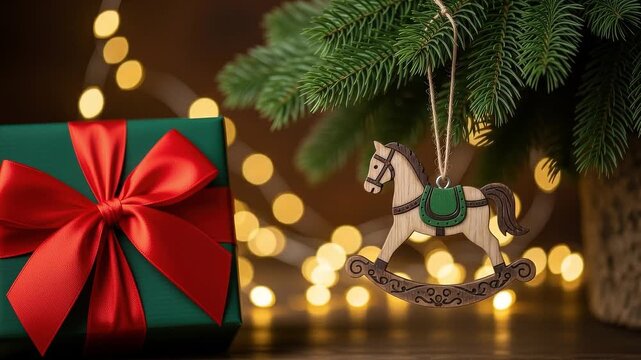 A seamless pattern christmas gift box and wooden rocking horse ornament on pine tree