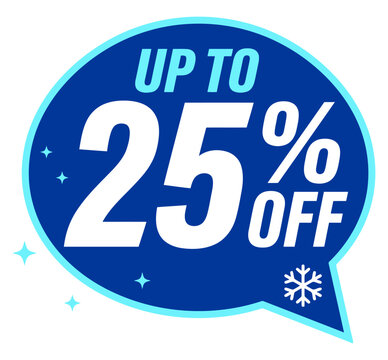 Winter sale speech bubble with up to 25 percent off discount, featuring a snowflake icon and star accents, ideal for holiday retail promotions and seasonal marketing campaigns