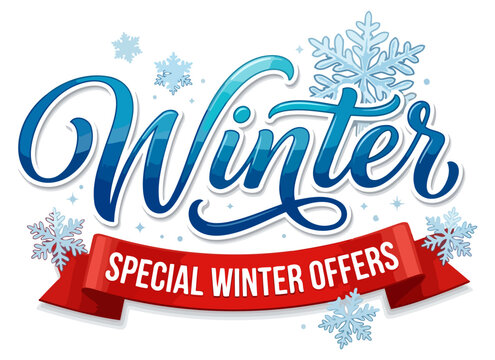 Winter special winter offers calligraphy lettering banner with snowflakes and red ribbon isolated on white background seasonal holiday sales discount vector typography design
