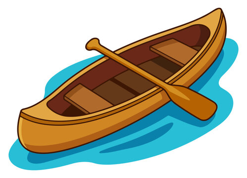 Wooden canoe with a paddle floating on blue water, a classic boat for river and lake recreation, vector illustration